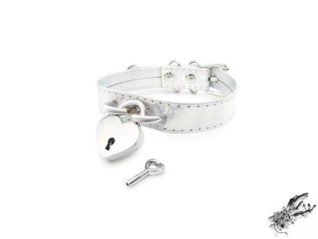 Holographic Silver Heart Padlock Choker