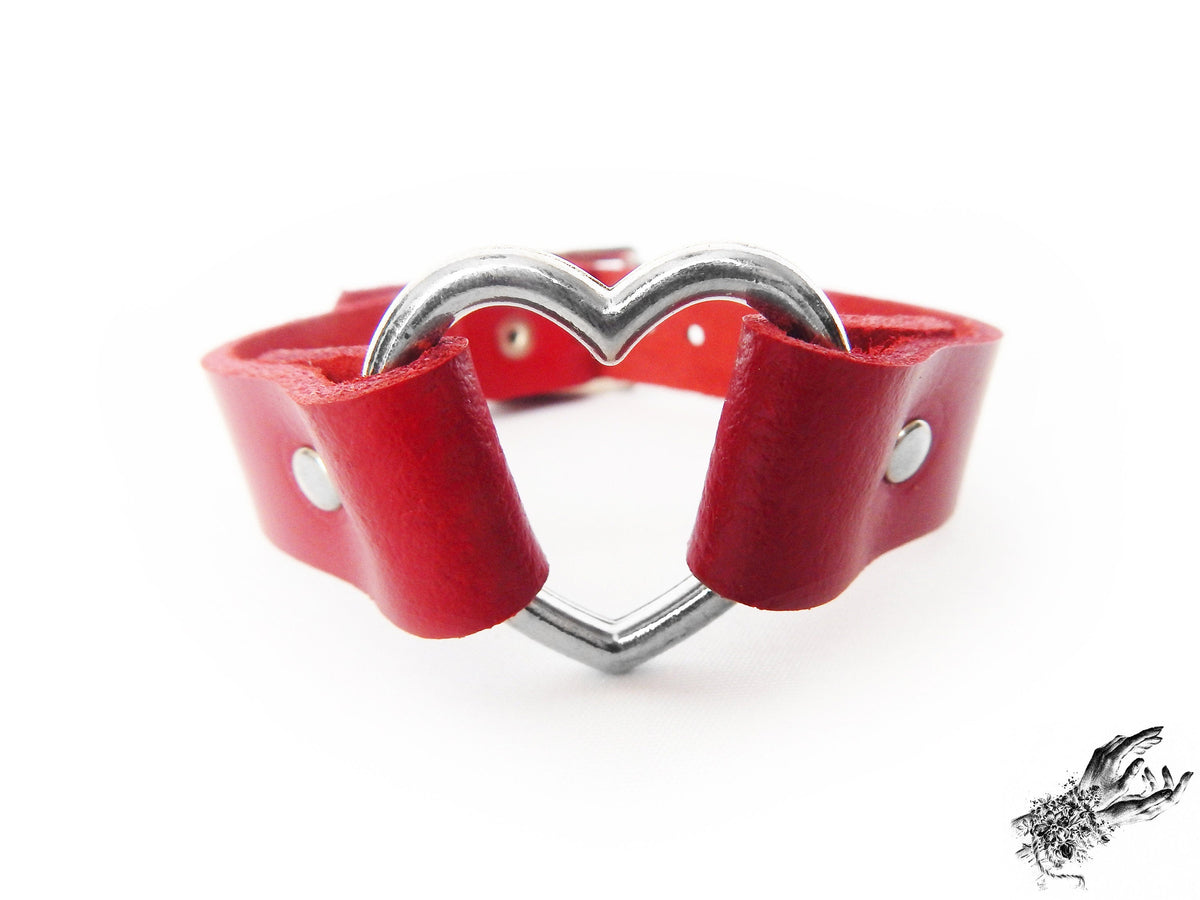 Red Leather Heart Ring Ankle Cuffs