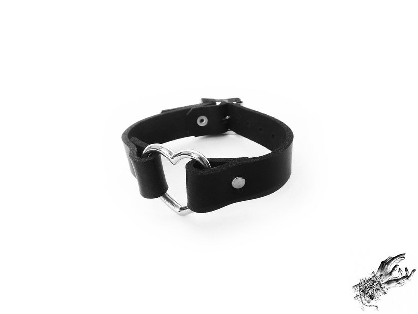 Black Leather Heart Ring Ankle Cuffs