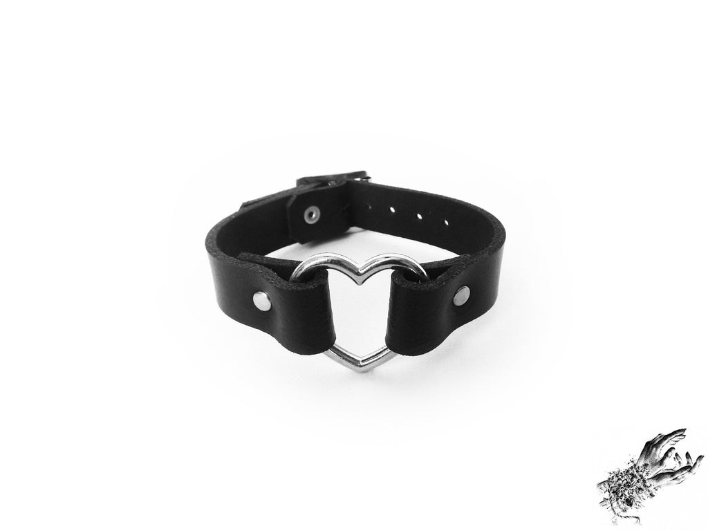 Black Leather Heart Ring Ankle Cuffs