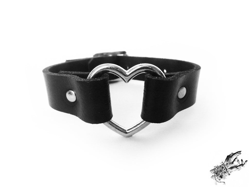 Black Leather Heart Ring Ankle Cuffs