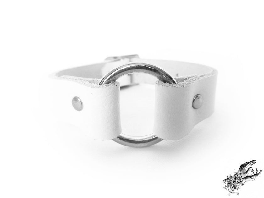 White Leather O Ring Ankle Cuffs