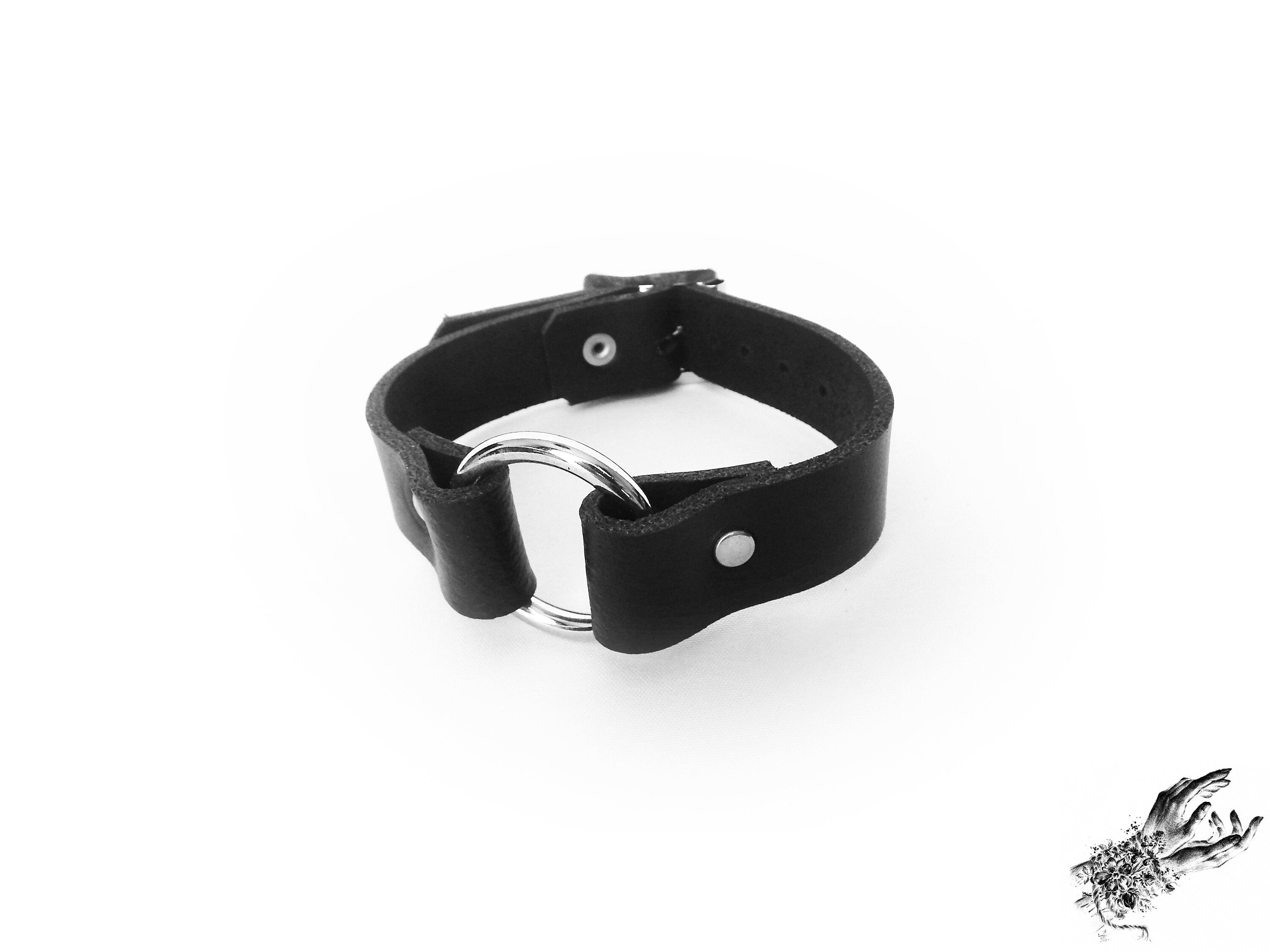Black Leather O Ring Ankle Cuffs