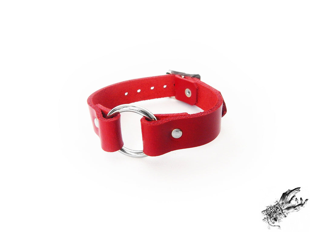 Red Leather O Ring Ankle Cuffs