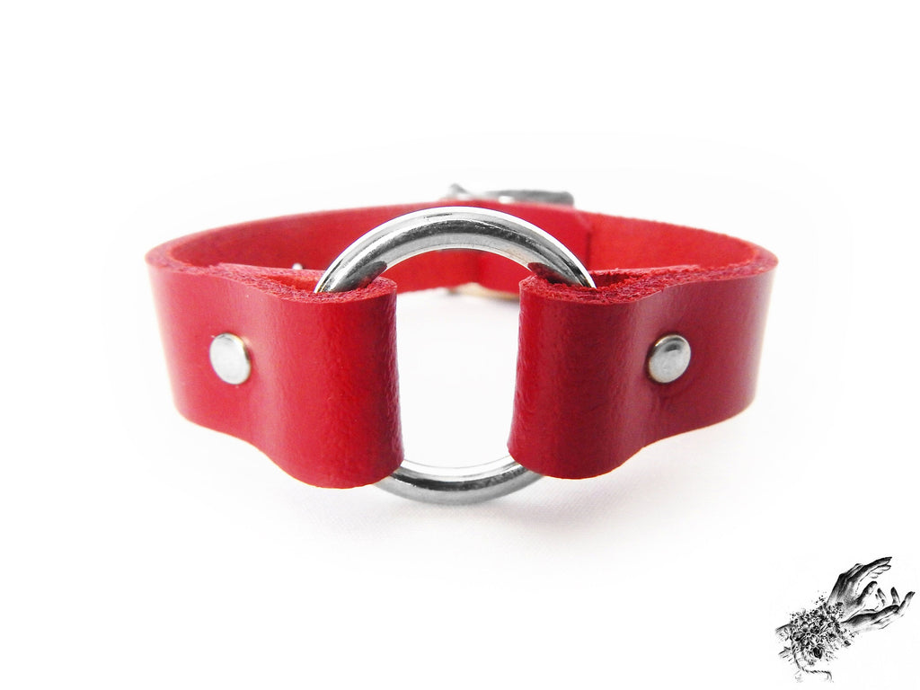 Red Leather O Ring Ankle Cuffs
