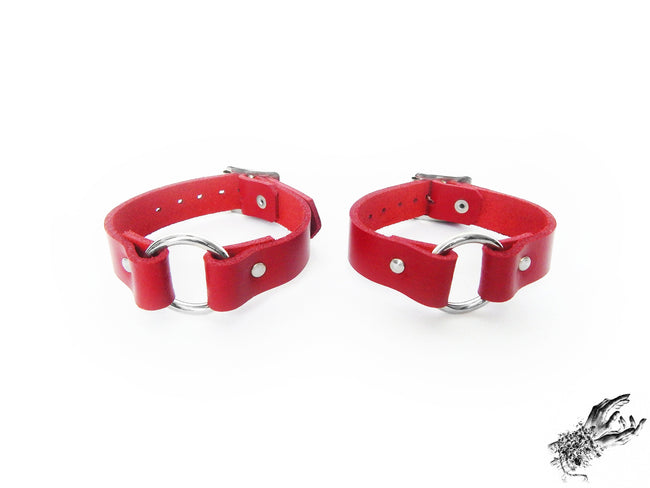 Red Leather O Ring Ankle Cuffs