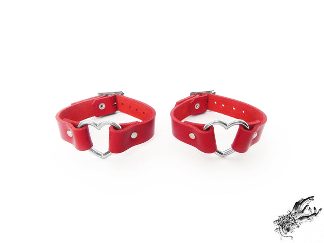 Red Leather Heart Ring Ankle Cuffs