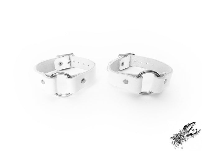 White Leather O Ring Ankle Cuffs