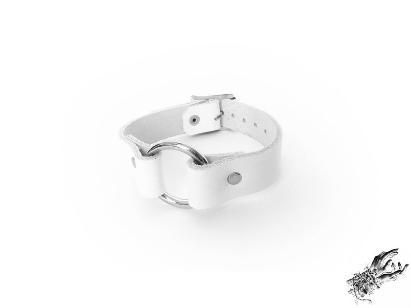 White Leather O Ring Ankle Cuffs