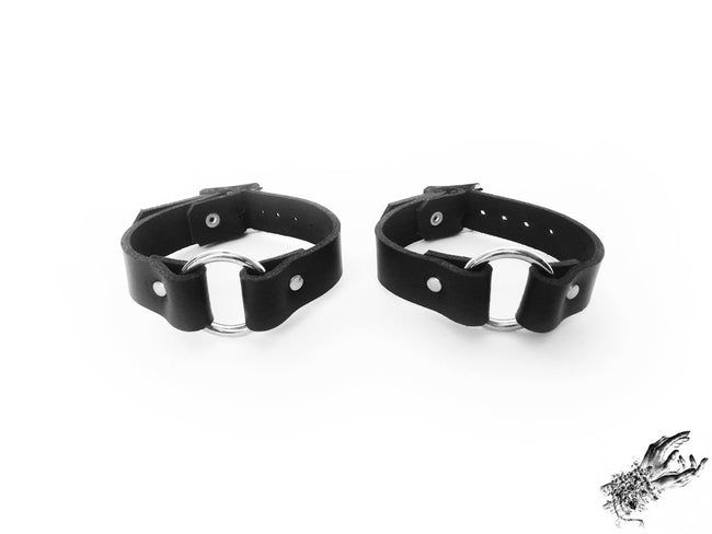 Black Leather O Ring Ankle Cuffs