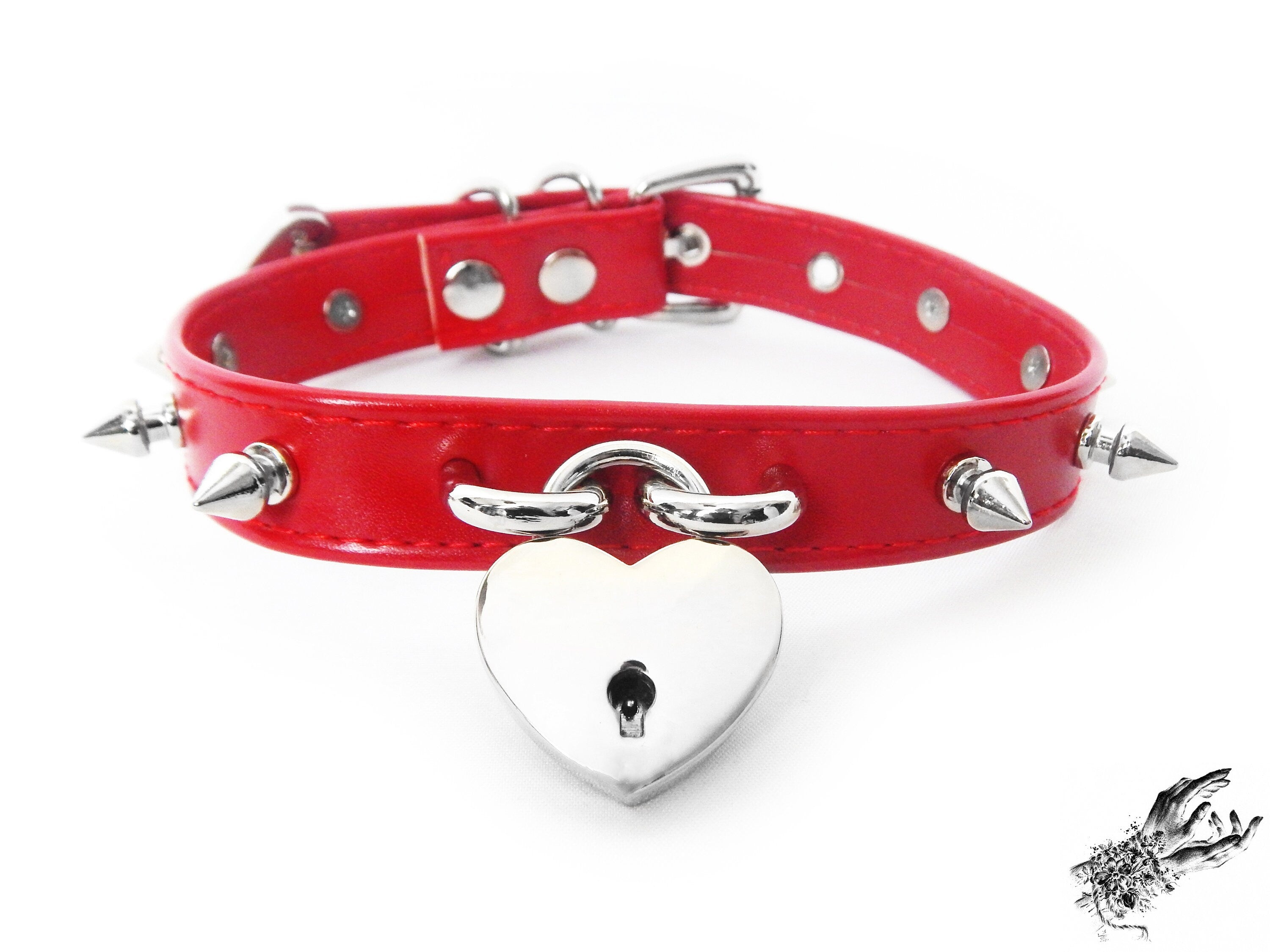 Red Faux Leather Studded Heart Padlock Choker with Key