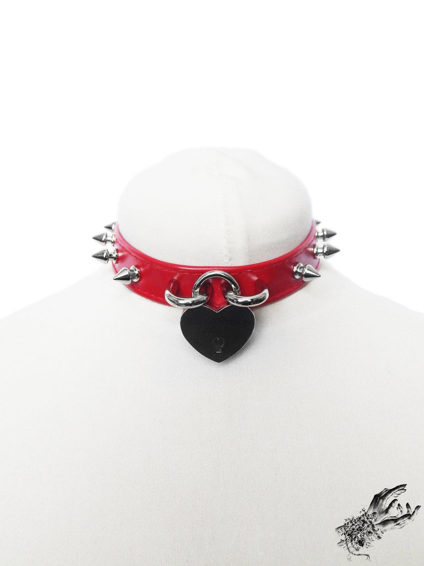 Red Faux Leather Studded Heart Padlock Choker with Key