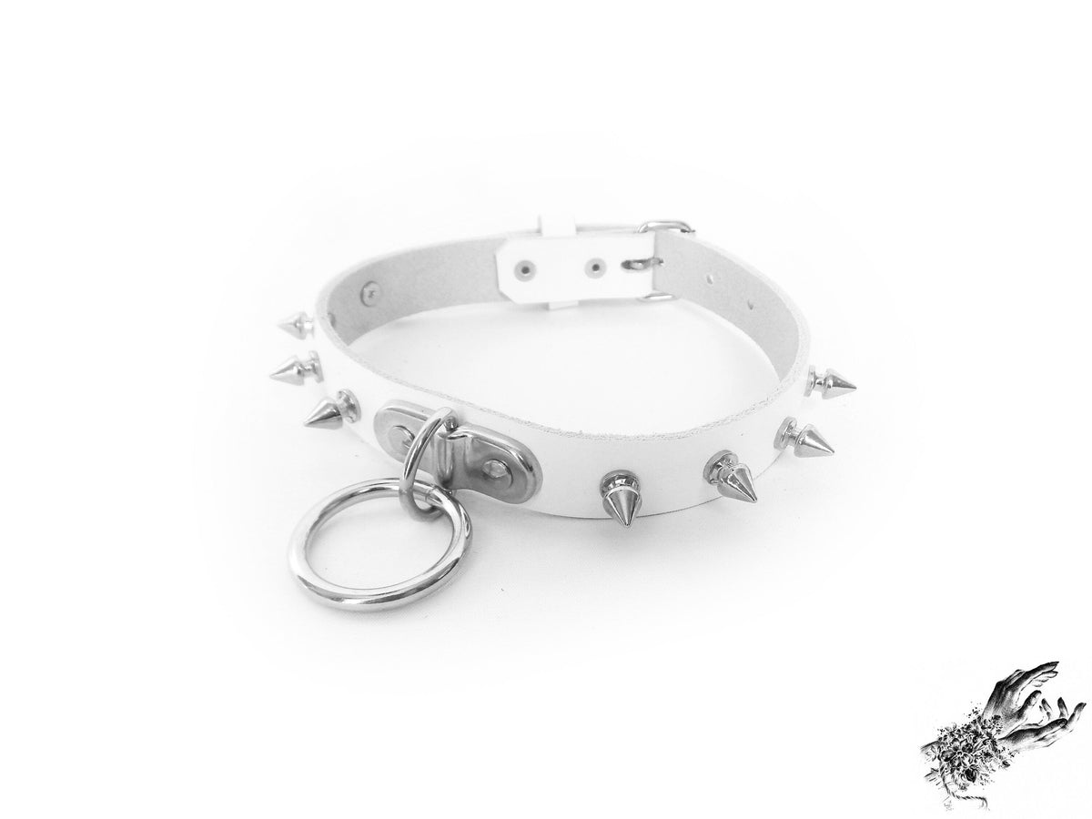 White Leather Studded D and O Ring Choker