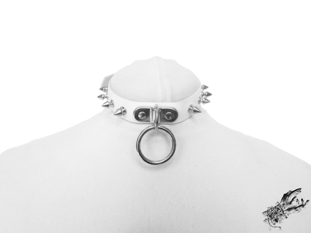 White Leather Studded D and O Ring Choker