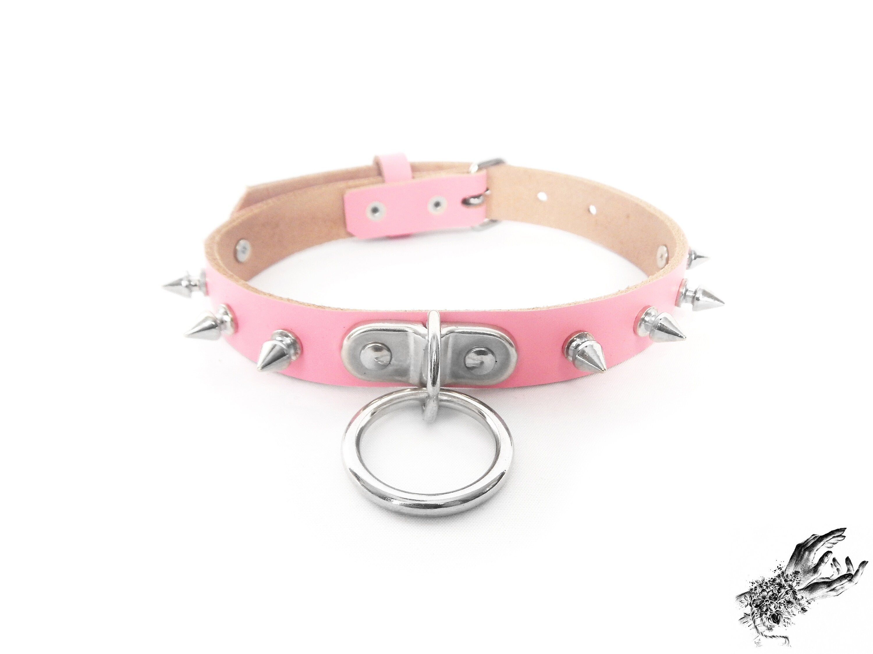 Pink Leather Studded D and O Ring Choker