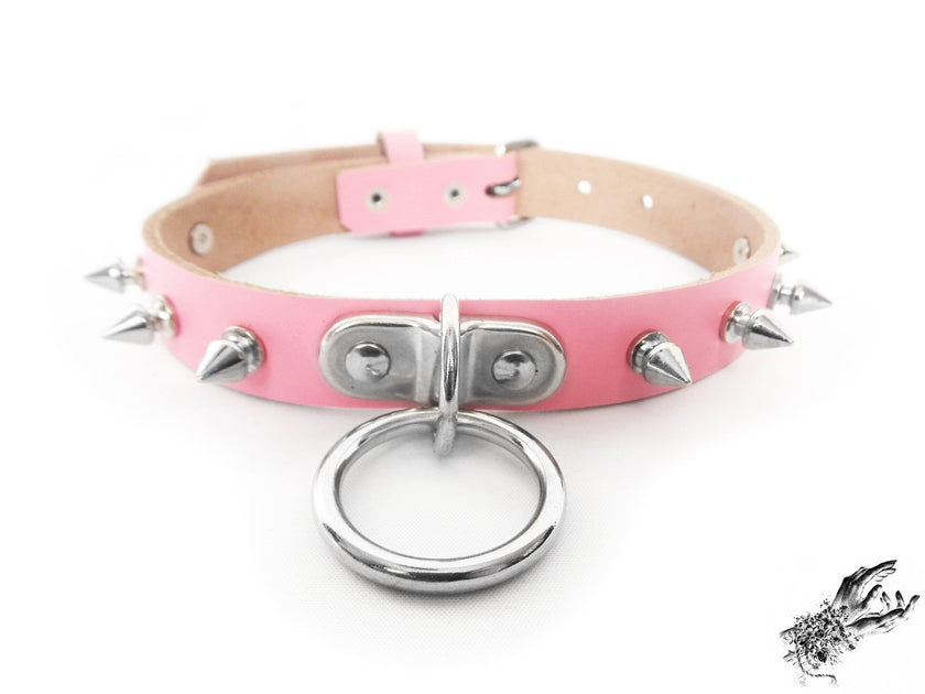 Pink Leather Studded D and O Ring Choker