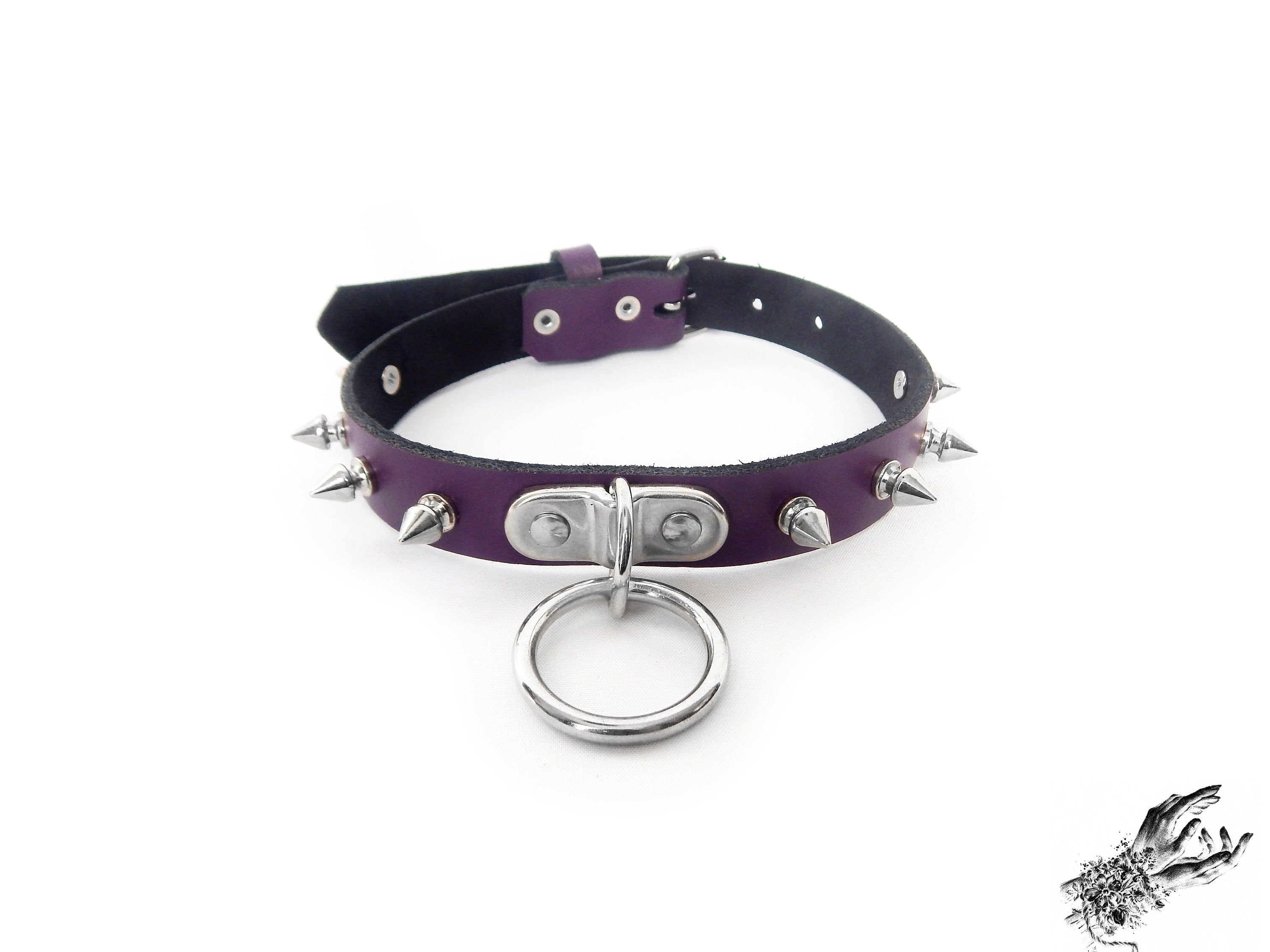 Purple Leather Studded D and O Ring Choker