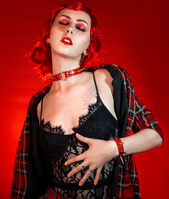 Red Faux Leather Studded Heart Ring Choker