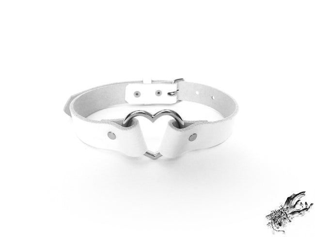 White Leather Heart Ring Choker