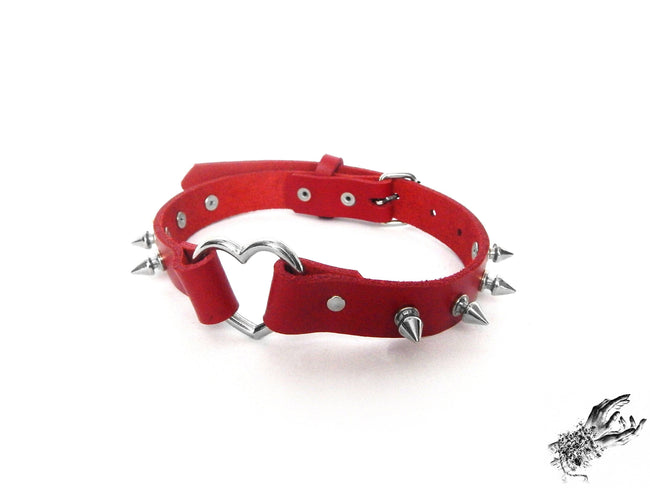 Red Leather Studded Heart Ring Choker