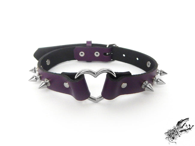 Purple Leather Studded Heart Ring Choker