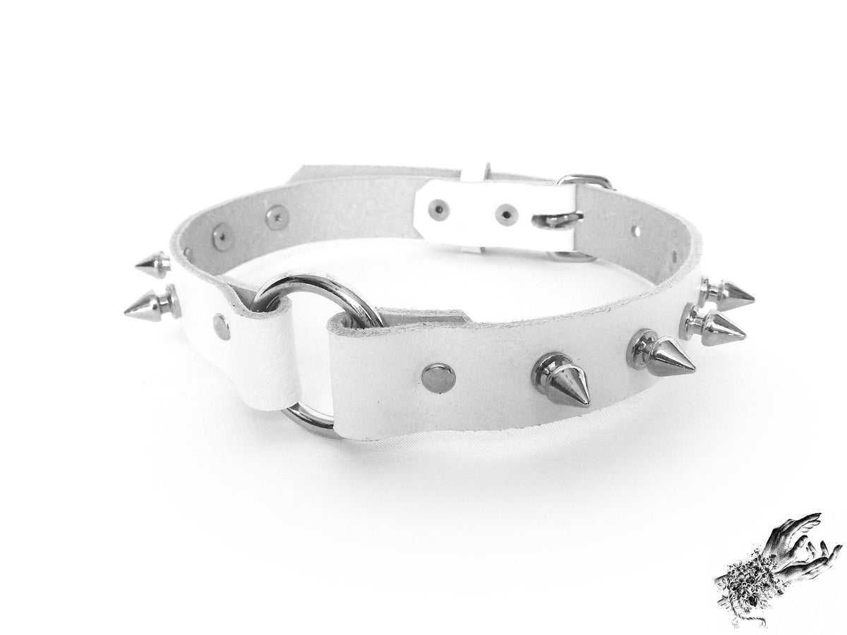 White Leather Studded O Ring Choker