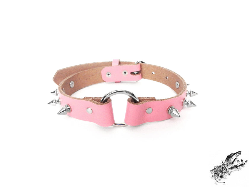 Pink Leather Studded O Ring Choker