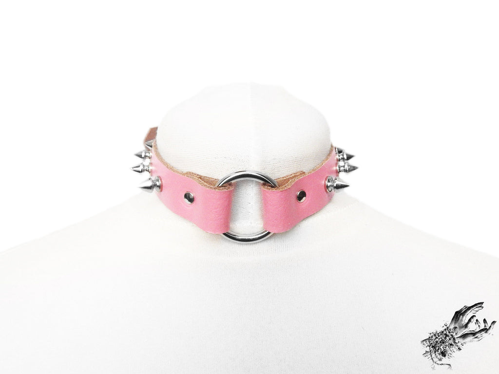 Pink Leather Studded O Ring Choker
