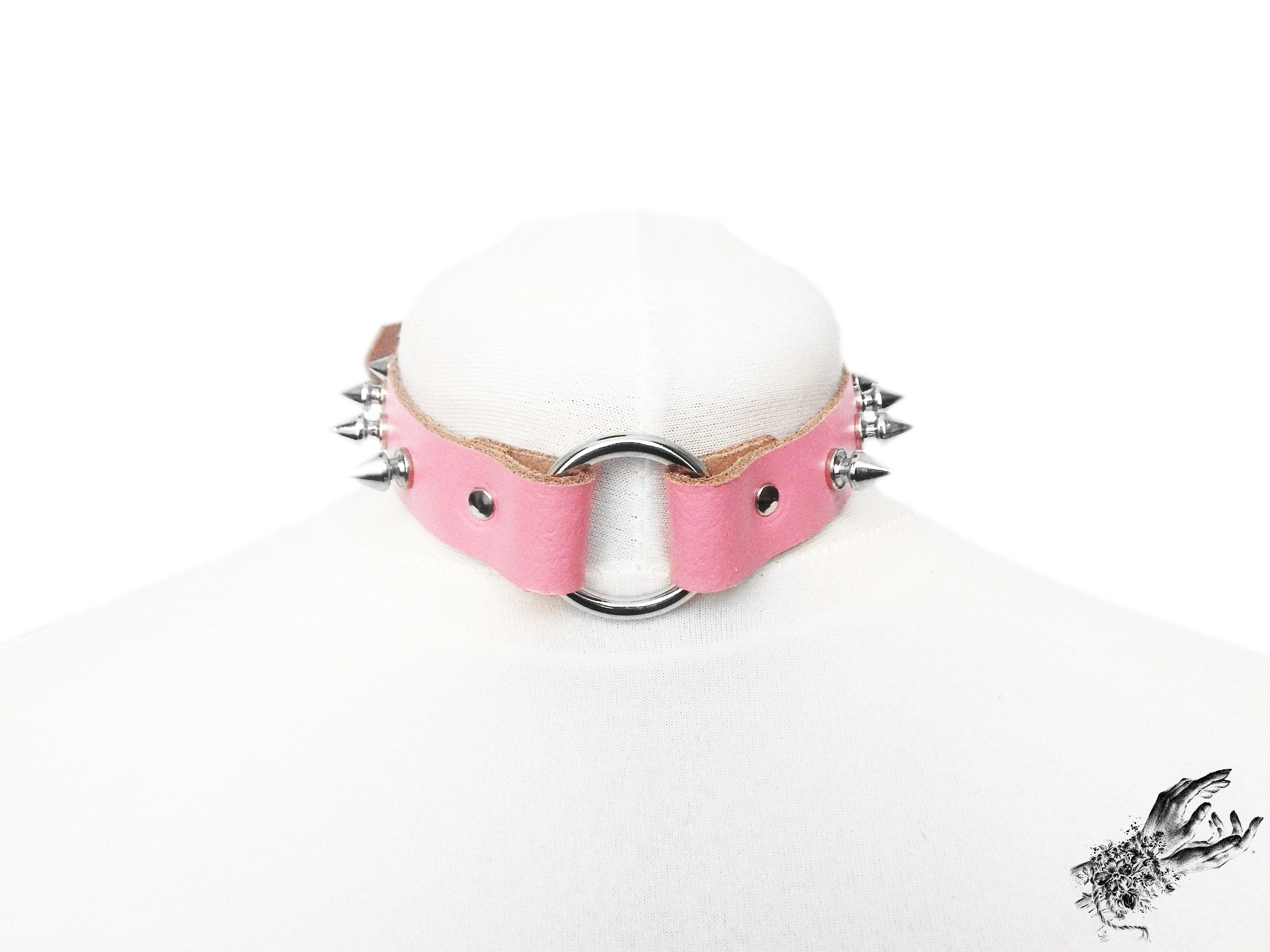 Pink Leather Studded O Ring Choker