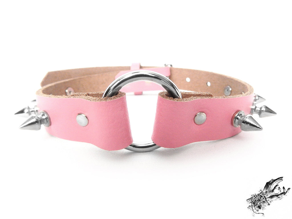 Pink Leather Studded O Ring Choker