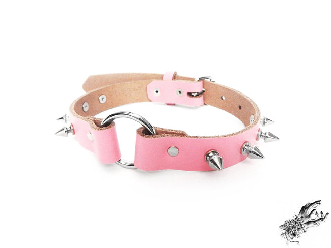Pink Leather Studded O Ring Choker