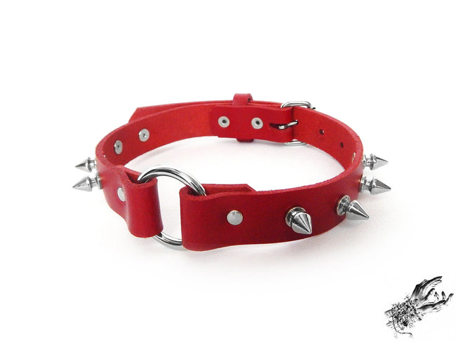 Red Leather Studded O Ring Choker