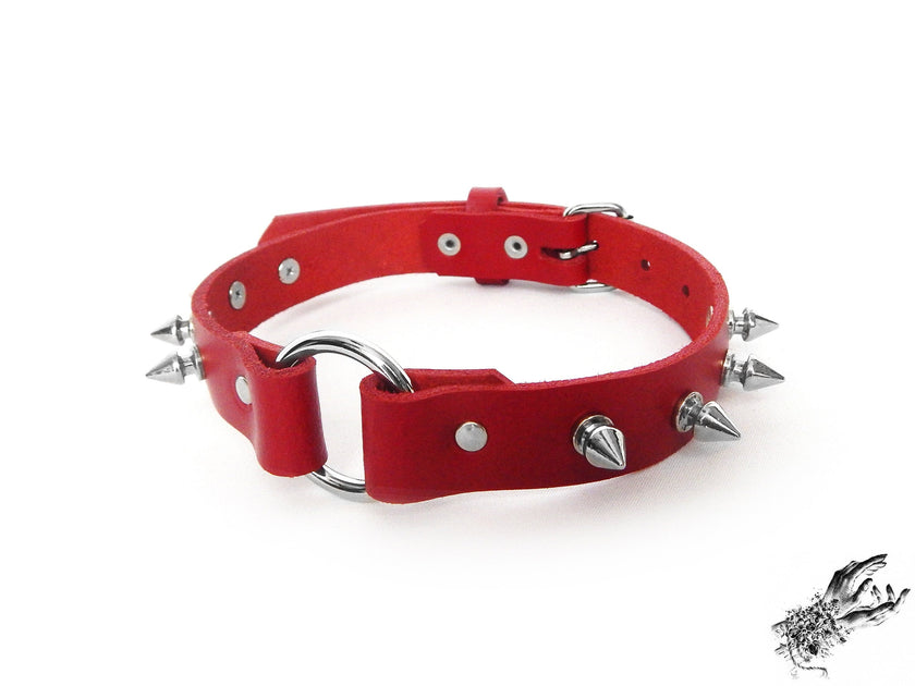 Red Leather Studded O Ring Choker
