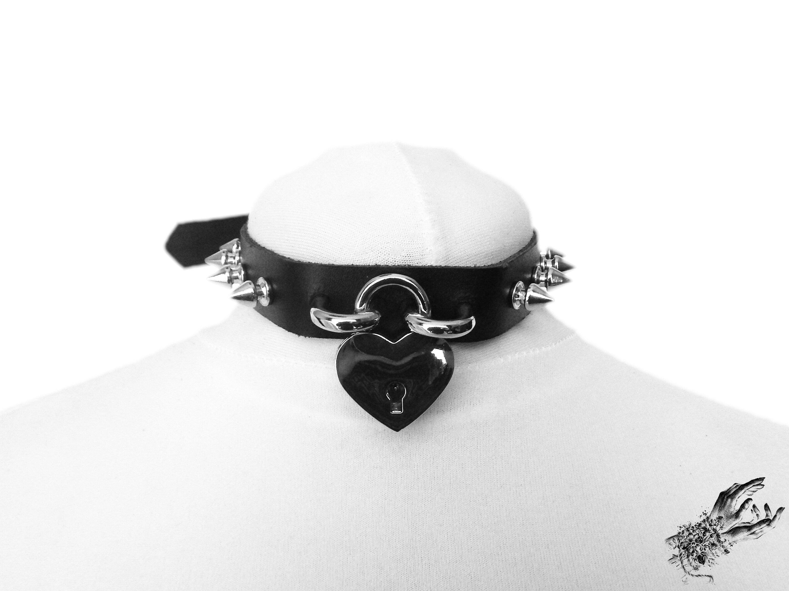 Black Studded Heart Padlock Choker with Key