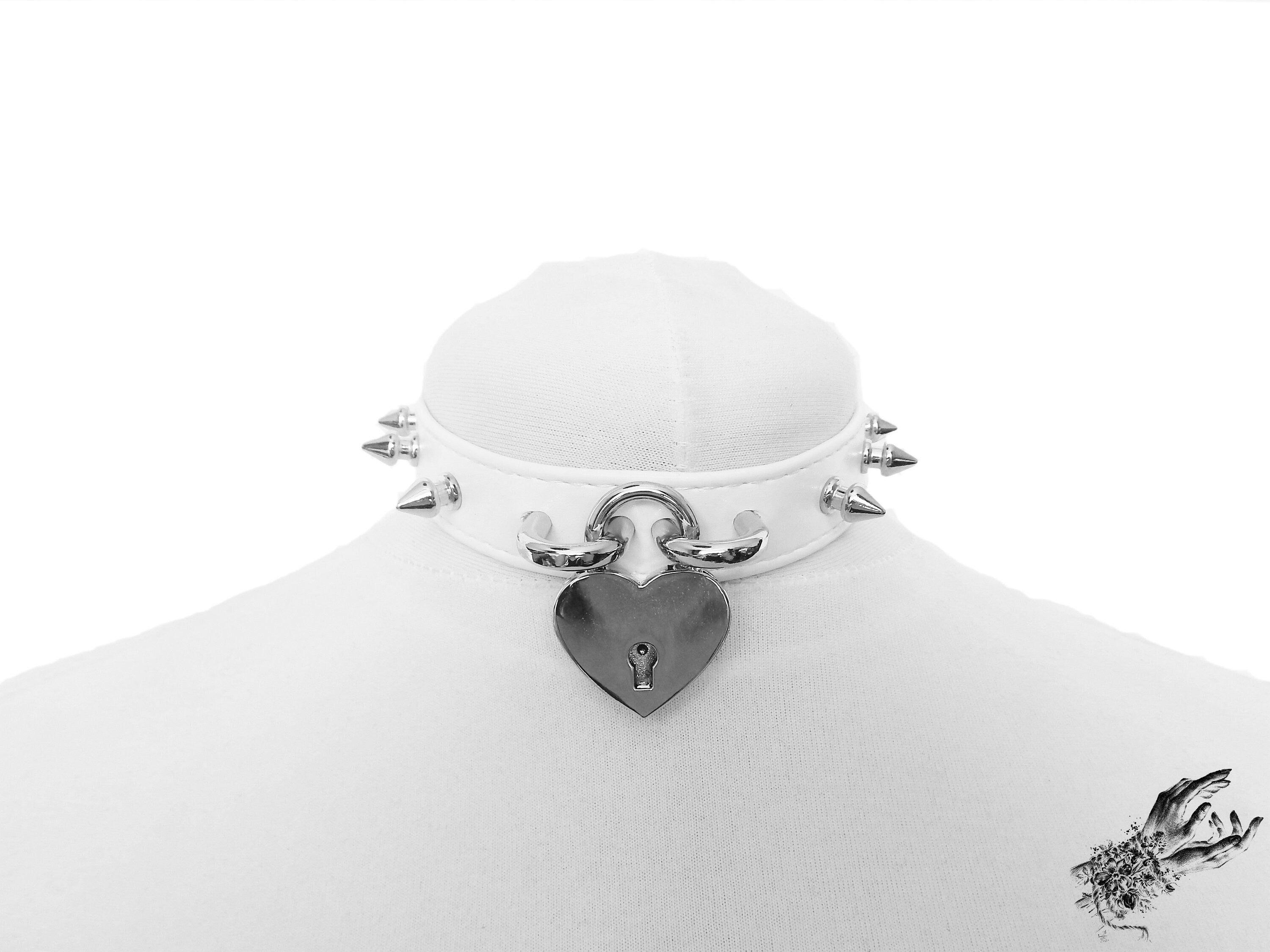 White Faux Leather Studded Heart Padlock Choker