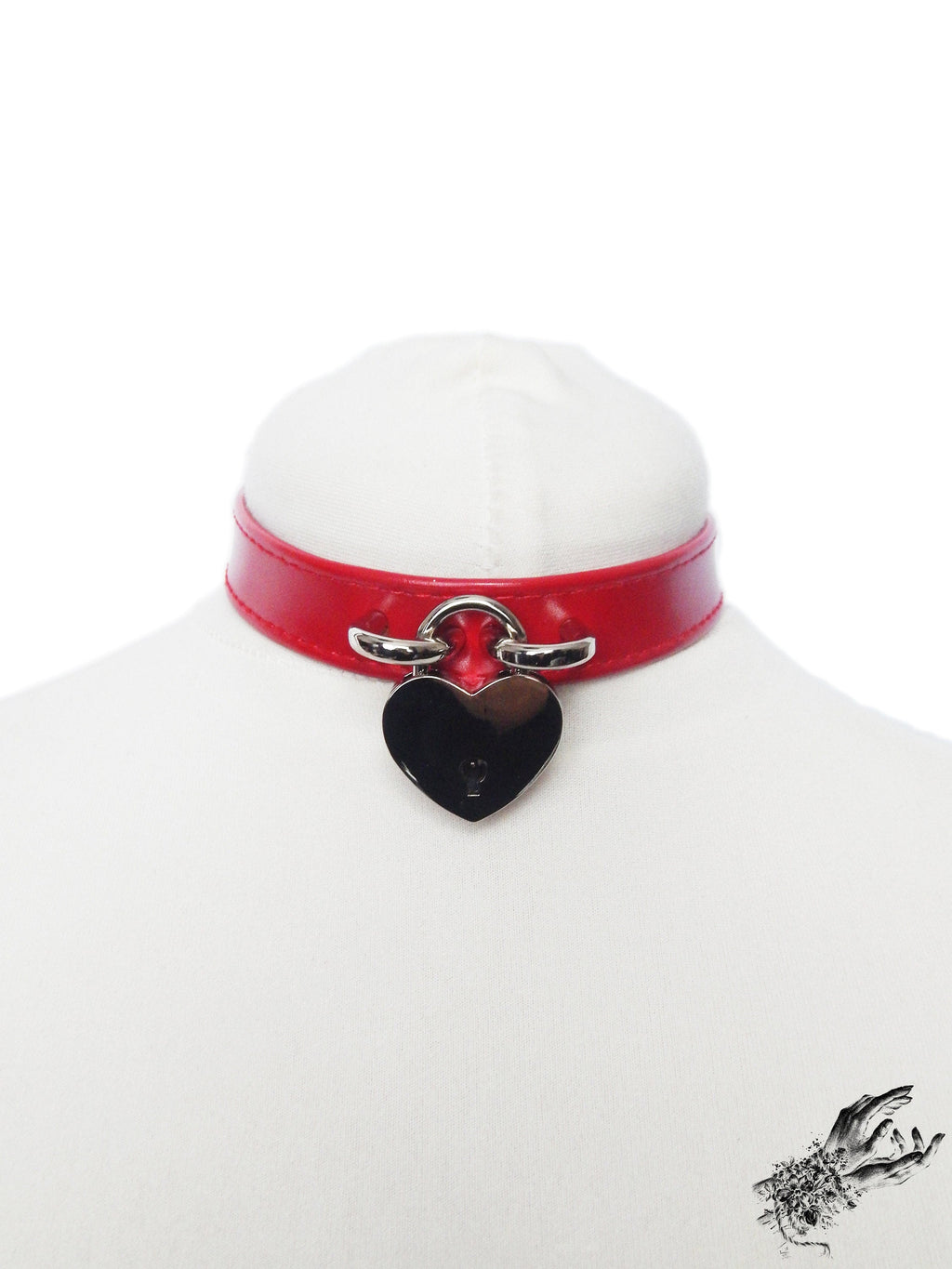 Red Faux Leather Heart Lock Choker with Key