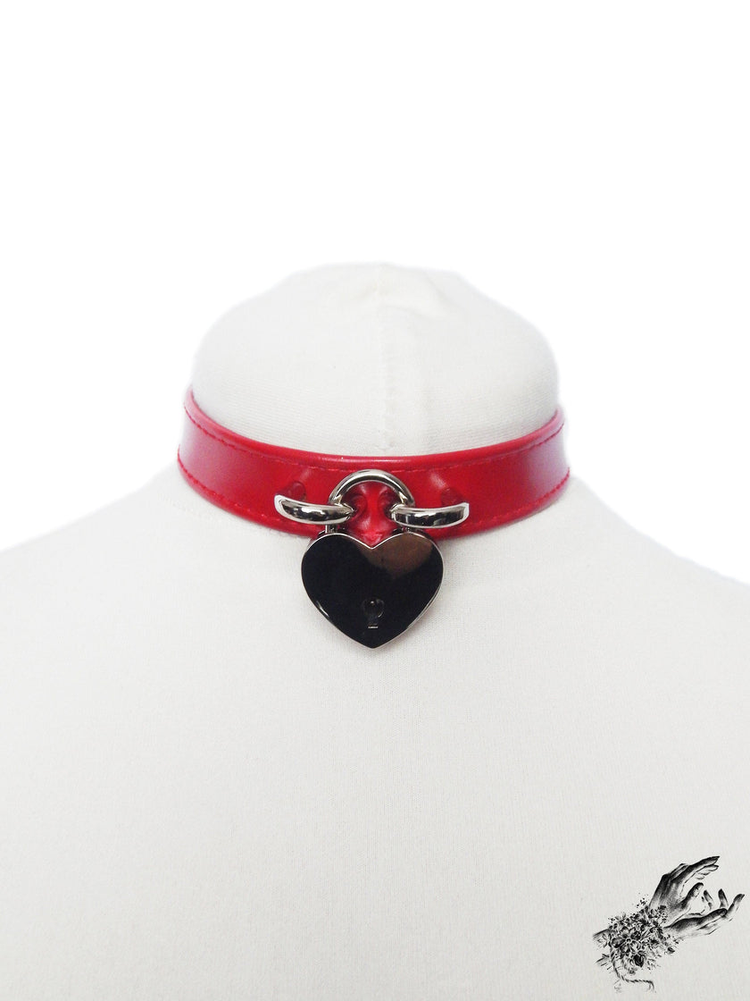 Red Faux Leather Heart Lock Choker with Key