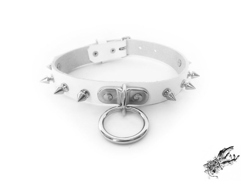 White Leather Studded D and O Ring Choker