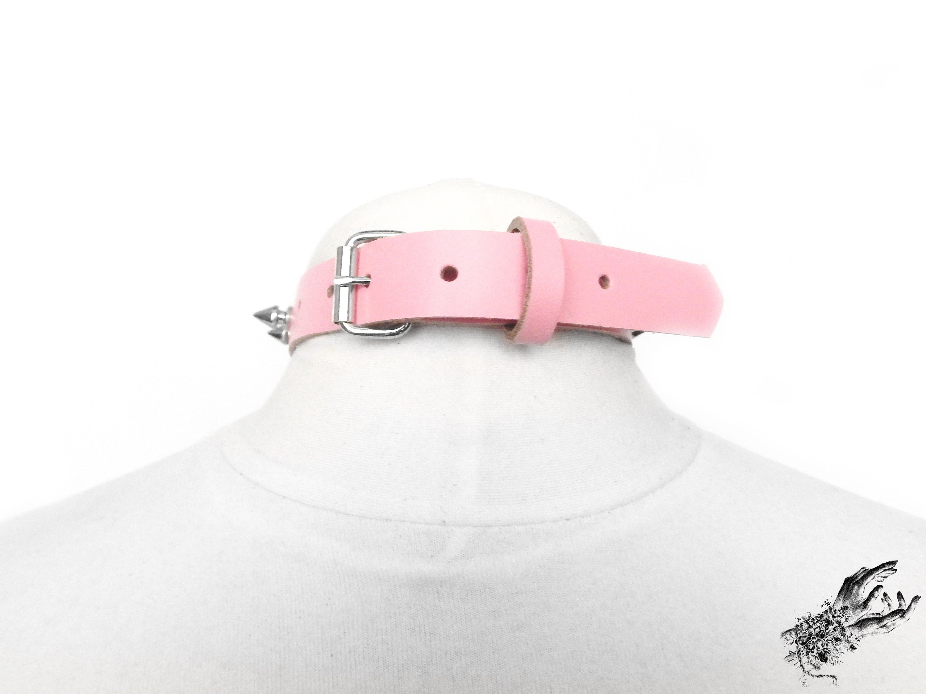 Pink Leather Studded D and O Ring Choker