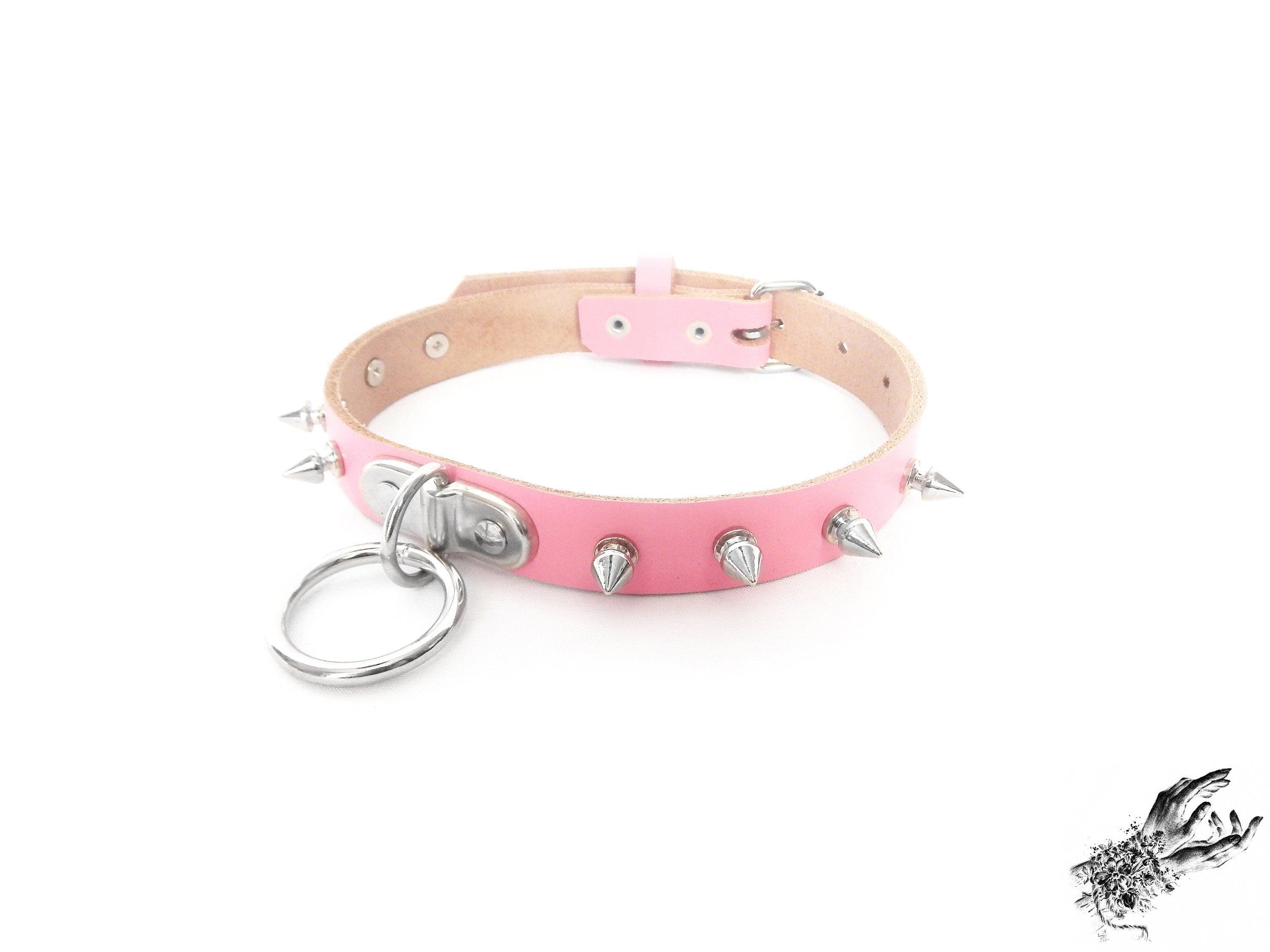 Pink Leather Studded D and O Ring Choker