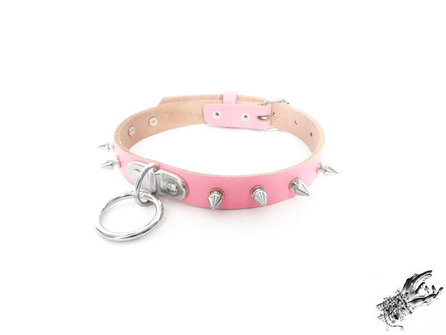 Pink Leather Studded D and O Ring Choker