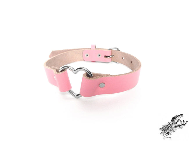 Pink Leather Heart Ring Choker