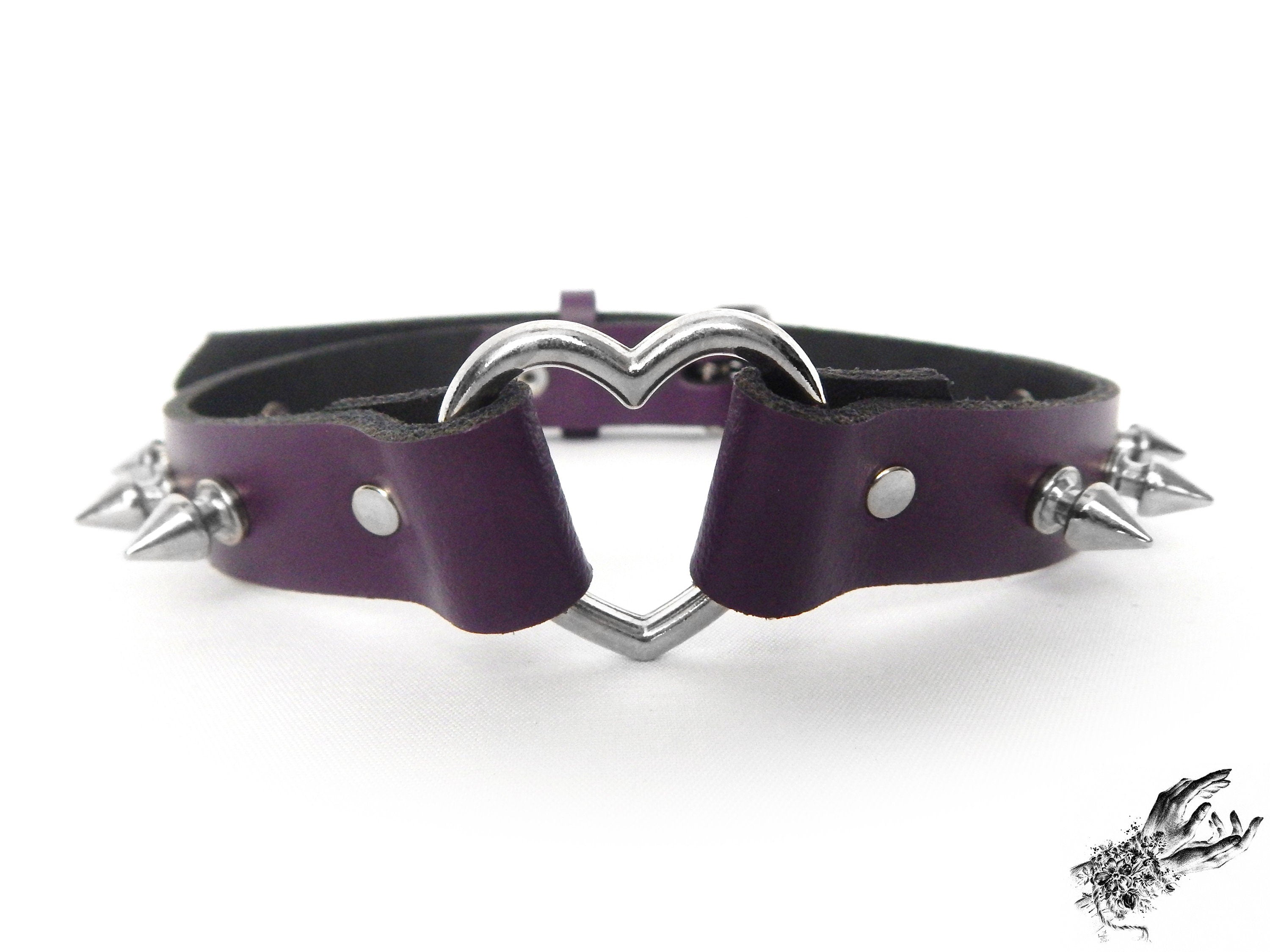 Purple Leather Studded Heart Ring Choker