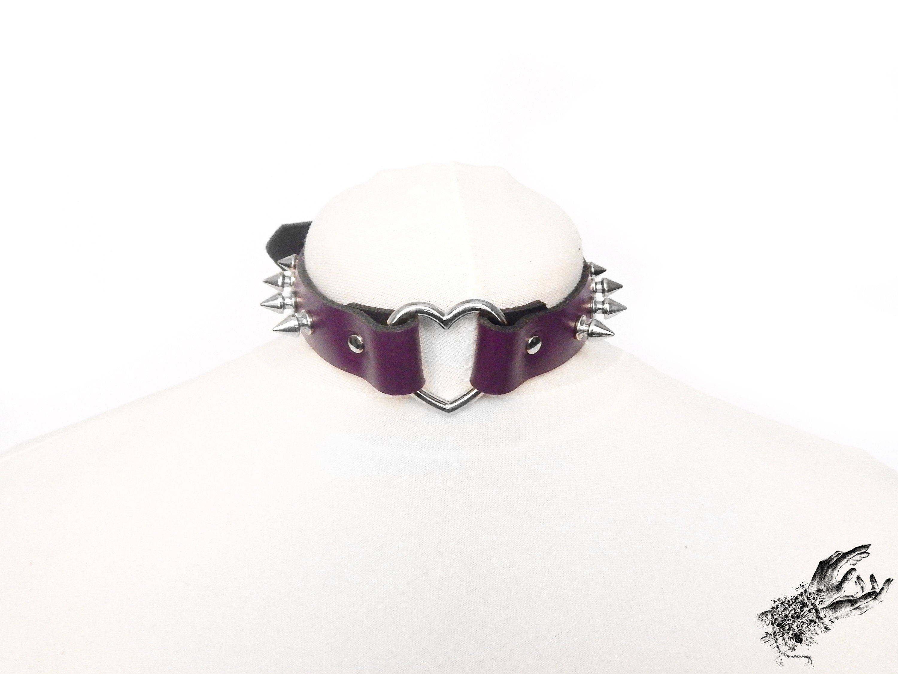 Purple Leather Studded Heart Ring Choker