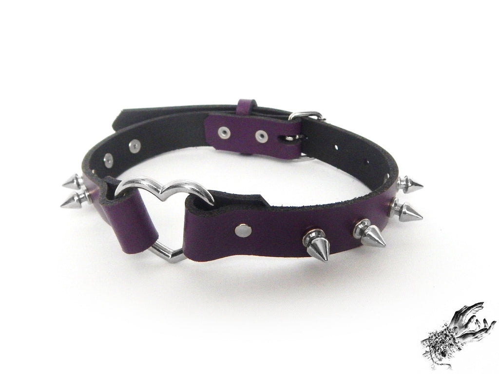 Purple Leather Studded Heart Ring Choker