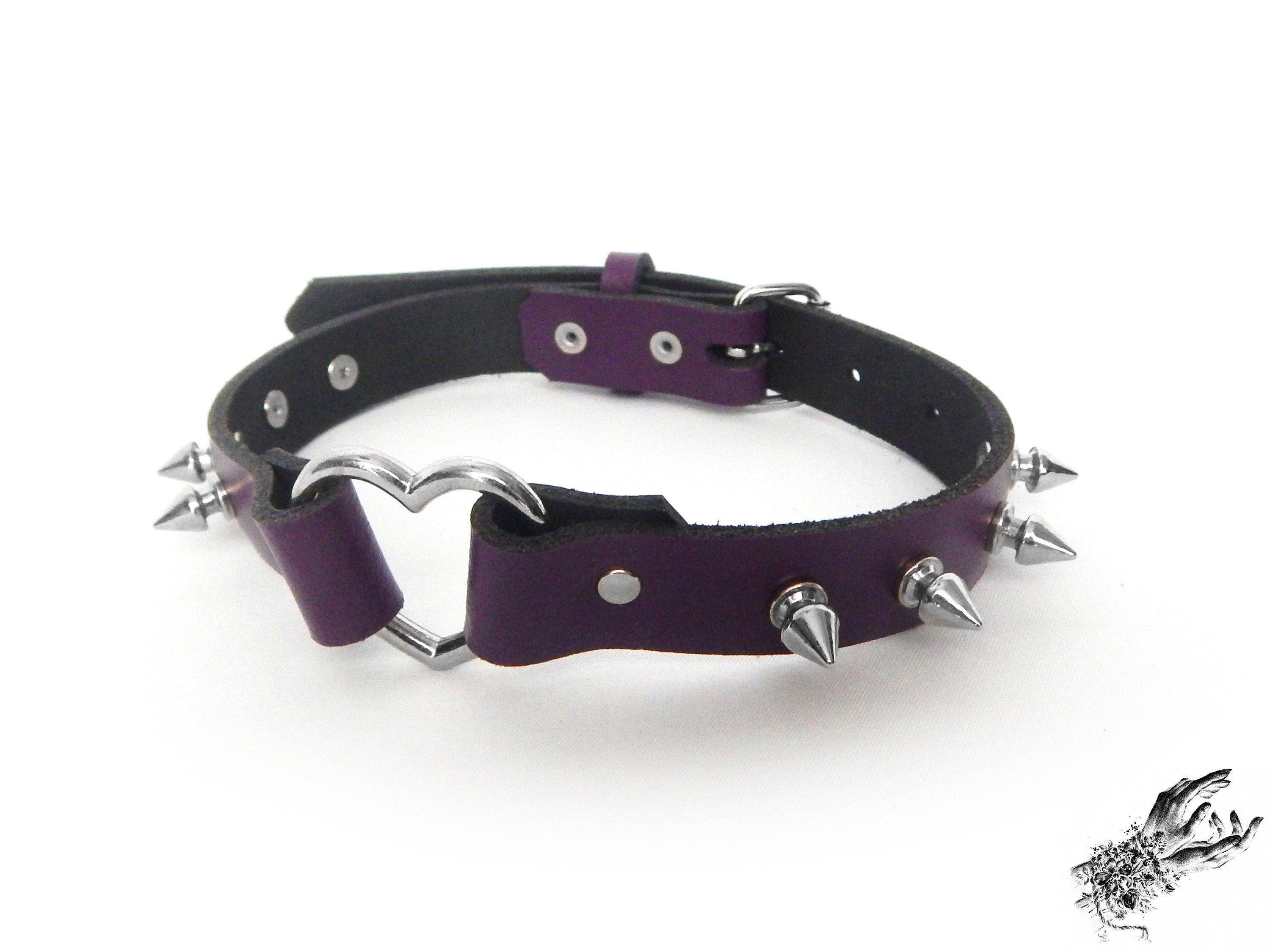 Purple Leather Studded Heart Ring Choker