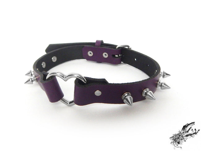 Purple Leather Studded Heart Ring Choker