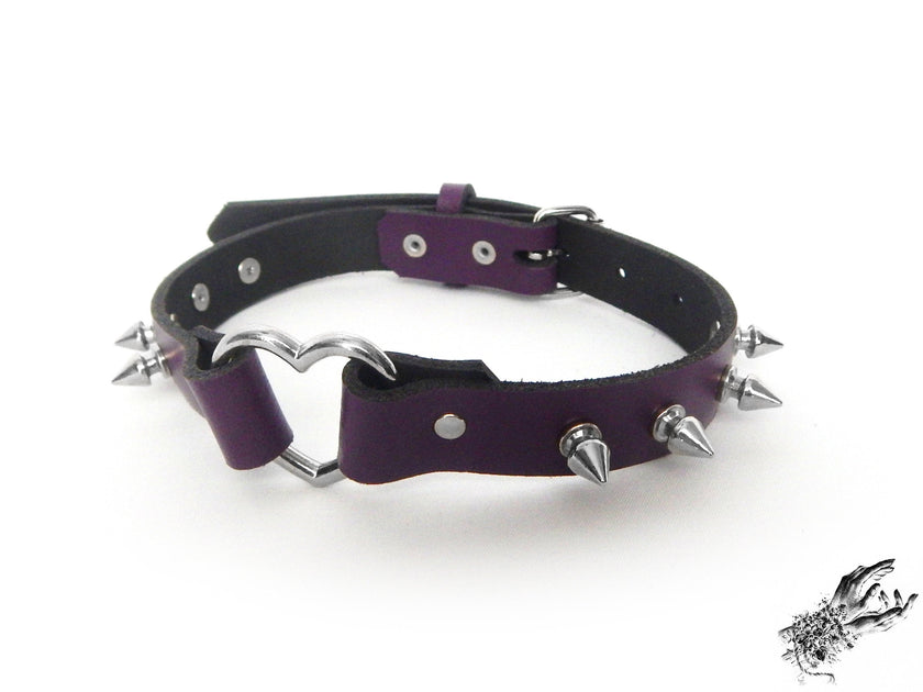 Purple Leather Studded Heart Ring Choker