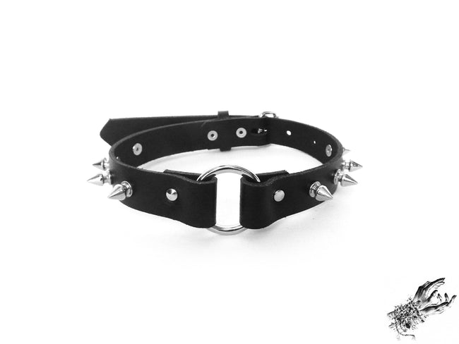 Black Leather Studded O Ring Choker