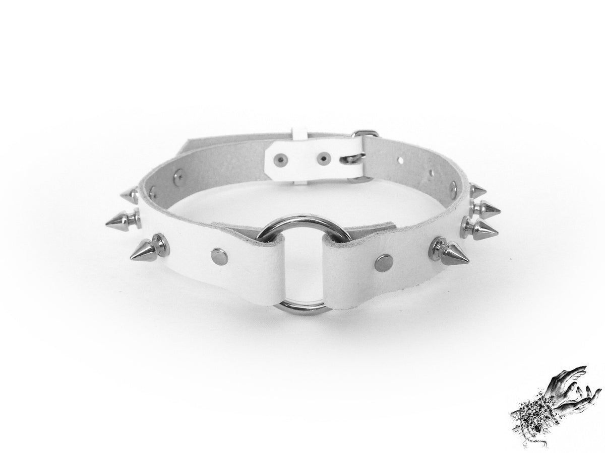 White Leather Studded O Ring Choker